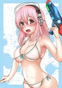 Super Sonico Big Boobs Hentai Girl in Bikini With Water Gun Flashing 1