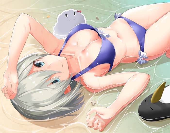 Hamakaze Big Tits Hentai Babe in Bikini Lying on Beach Showing Body 2