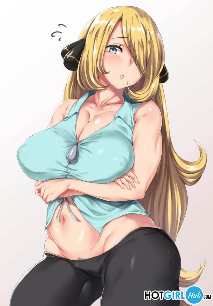 Pokemon Hentai Cynthia in Crop Top Hold Breast Showing Puffy Nipples 2