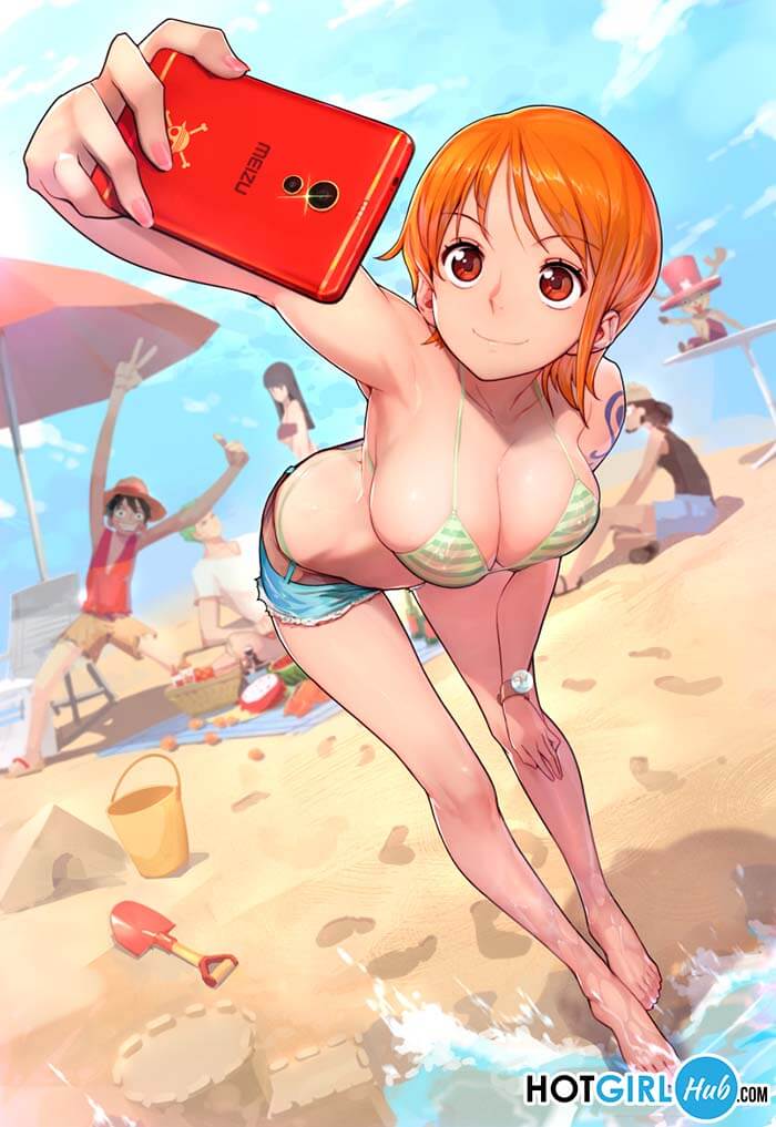  One Piece Hentai Nami In See Through Bikini Top Taking Selfie 2
