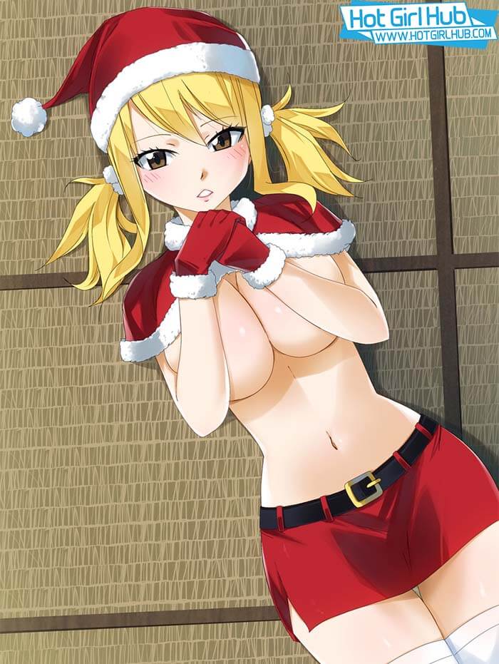 Fairy Tail Hentai Lucy Heartfilia Topless In Santa Costumes Lying Underboob 2
