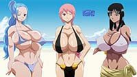 One Piece Hentai Nefertari Vivi X Nico Robin X Rebecca Tight Bikini Erect Nipples 1