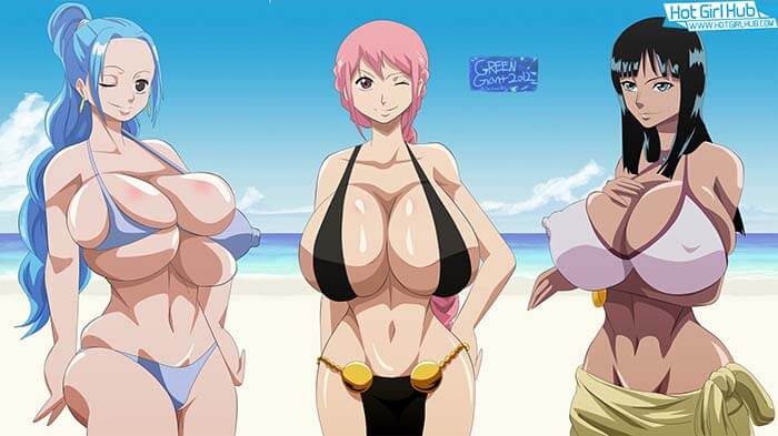 One Piece Hentai Nefertari Vivi X Nico Robin X Rebecca Tight Bikini Erect Nipples 2