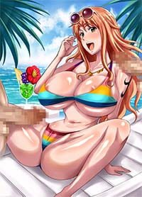 One Piece Hentai Nami In Swimsuit Sitting On Beach Spread Legs Threesome 1