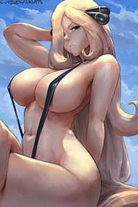 Pokemon Hentai Cynthia In Sling Bikini Sitting On The Beach Huge Sideboob 1
