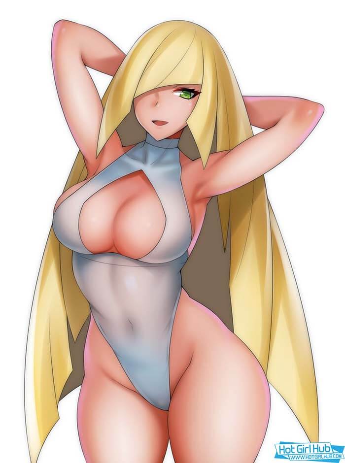 Pokemon Sun and Moon Hentai Lusamine in Swimsuit See-through Large Breasts 2