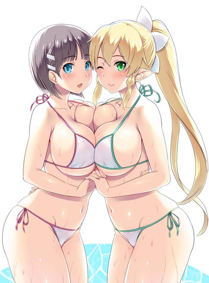 Kirigaya Suguha With Leafa In Micro Bikini Pushing Boobs Together Sao 2