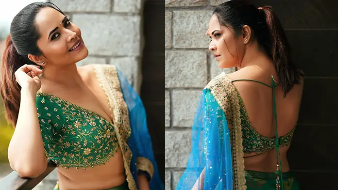 Anasuya Bharadwaj Shows Off Cleavage in Backless Blouse With Green Lehenga (1)
