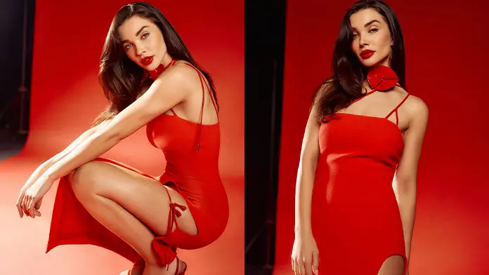 Crakk Actress Amy Jackson Shows Off Toned Figure and Sexy Legs in Red Midi Dress