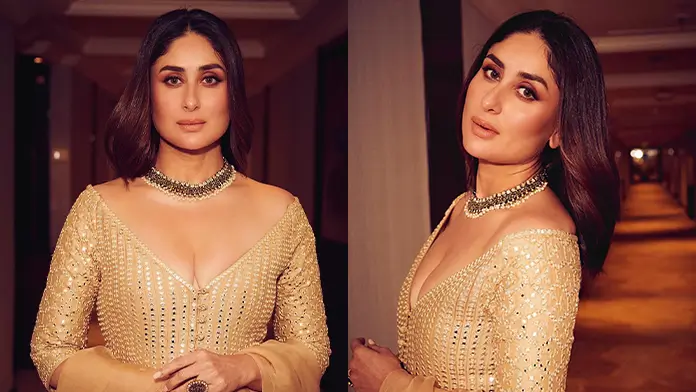 Kareena Kapoor Shows Off Cleavage in Golden Mirror Embroidered Anarkali (1)