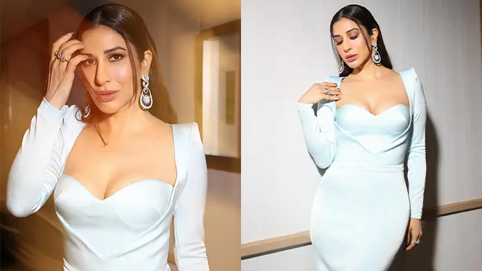 Hot Big Boobs Sophie Choudry Shows Off Deep Cleavage in White Bodycon Dress