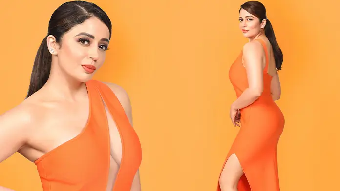 Nehha Pendse Puts on Busty Display in Orange Bodycon Dress Flaunted Her Fine Curve (1)