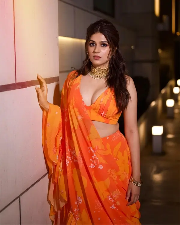 Shraddha Das Shows Off Cleavage in Orange Saree Raised the Heat in Style (4)