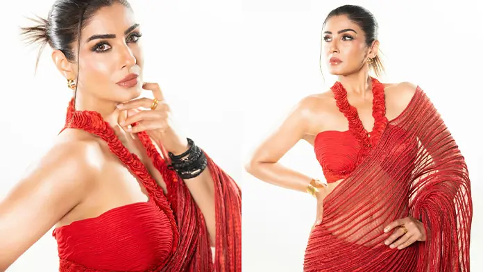 Hot Raveena Tandon Shows Off Big Boobs in Red Ethnic Saree Looked Stunning (1)