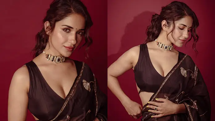 Hot Ruhani Sharma Shows Off Big Boobs and Cleavage in Gorgeous Brown Saree Sets Social Media on Fire (1)