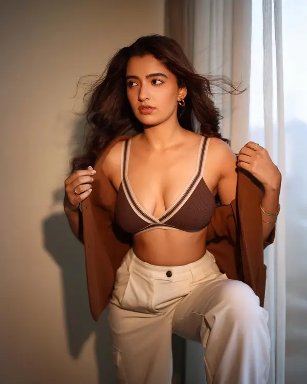 Hot Rukshar Dhillon Showcased Her Big Boobs in Brown Bralette Paired With a Brown Shirt (2)