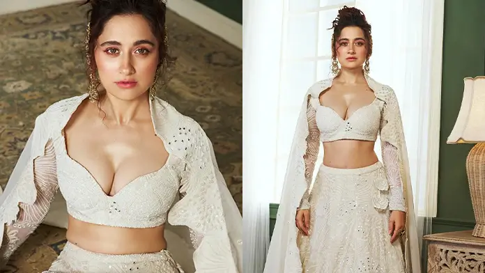 Hot Sanjeeda Sheikh Showcased Her Big Boobs and Deep Cleavage in a Pristine White Lehenga (1)