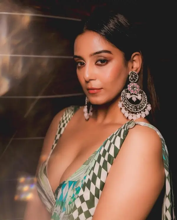 Hot Srishty Rode Showcased Her Big Boobs and Cleavage in Green Checkered Blouse With a Saree (3)