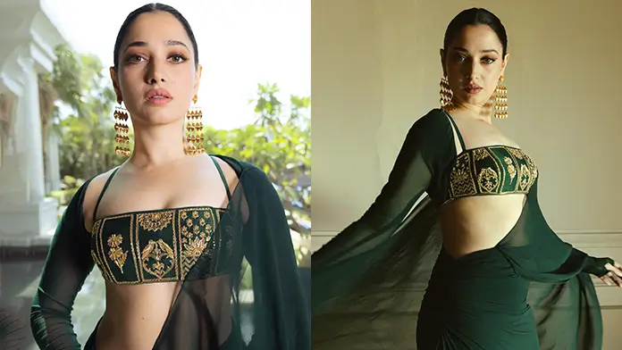 Hot Tamannaah Bhatia Showcased Her Curvy Body in Green Georgette Saree and Stylish Bustier Blouse (1)