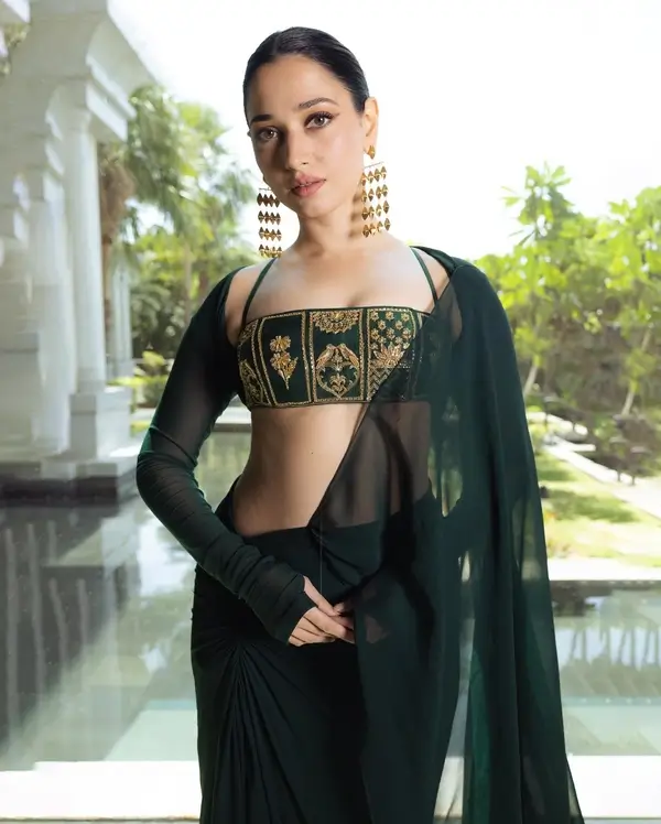 Hot Tamannaah Bhatia Showcased Her Curvy Body in Green Georgette Saree and Stylish Bustier Blouse (2)