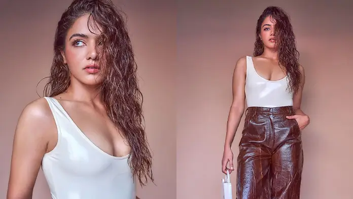 Hot Wamiqa Gabbi Shows Off Big Boobs and Cleavage in White Tank Top Paired With Leather Brown Pants (1)