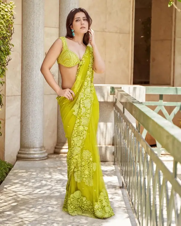 Raashii Khanna Shows Off Big Boobs and Sexy Figure in Green Embroidered See through Saree (3)