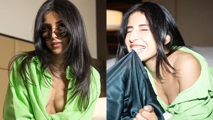 Hot Harshita Gaur Shows Off Big Boobs and Deep Cleavage in Open Bottle Green Shirt (1)