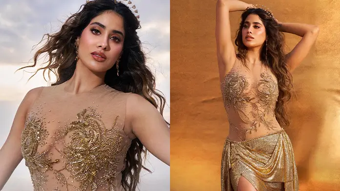 Hot Janhvi Kapoor Flaunts Her Big Boobs and Sexy Body in Gold Attire Looked Stunning (1)