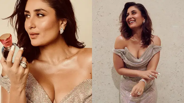 Hot Kareena Kapoor Khan Showing Her Big Boobs and Deep Cleavage in Shimmering Silver Off the shoulder Gown (1)