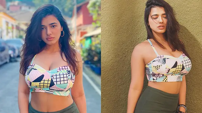 Hot Ketika Sharma Showcased Her Big Boobs and Curvy Figure in White Crop Top Paired With Green Skirt (1)