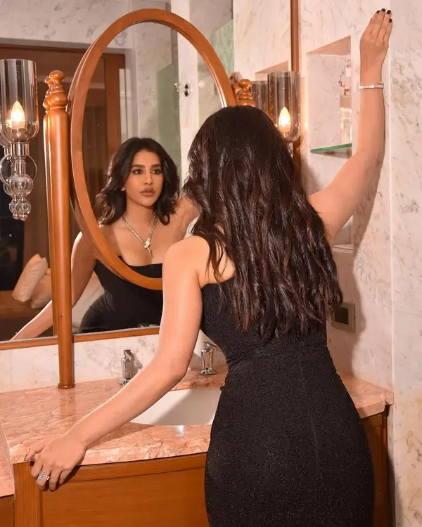 Hot Nabha Natesh Displays Her Big Boobs Sexy Figure in Black Maxi Dress (2)