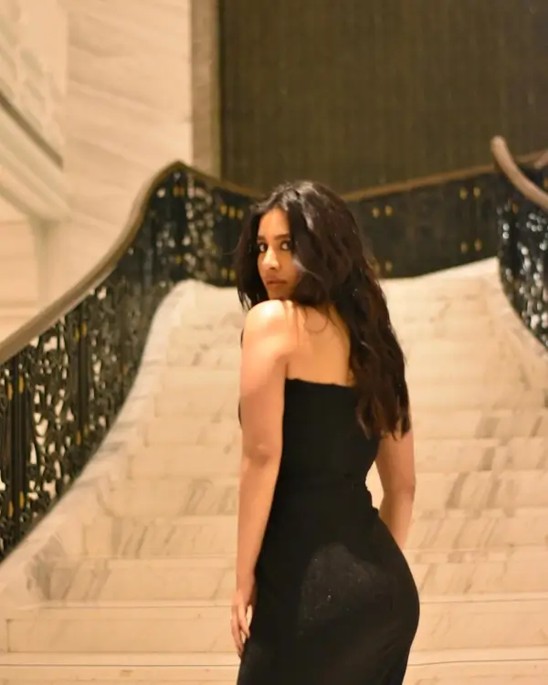 Hot Nabha Natesh Displays Her Big Boobs Sexy Figure in Black Maxi Dress (5)