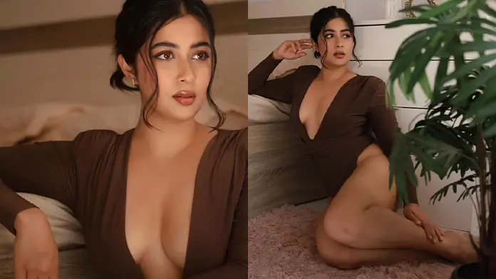 Hot Nikita Sharma Shows Off Big Boobs and Curvy Figure in Low neck Monokini (1)