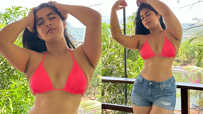 Hot Nikita Sharma Shows Off Huge Boobs and Cleavage in Pink Bikini Top and Denim Shorts (1)