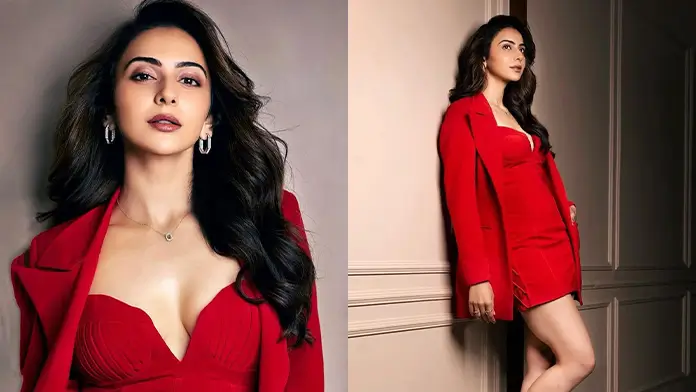 Hot Rakul Preet Singh Shows Off Big Boobs and Deep Cleavage in Sweet Heart Neck Body Con Dress Paired Elegantly With a Red Coat (1)