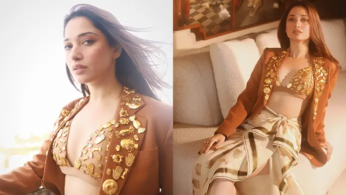 Hot Tamannaah Bhatia Showcased Her Big Boobs Curvy Figure in Embossed Blouse Which Skirt (1)