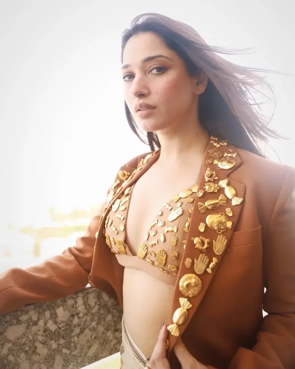 Hot Tamannaah Bhatia Showcased Her Big Boobs Curvy Figure in Embossed Blouse Which Skirt (5)