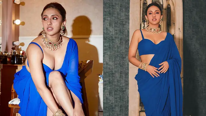 Hot Akansha Ranjan Showcased Her Big Boobs and Deep Cleavage in Blue Saree (1)