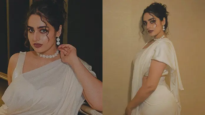 Hot Ayesha Khan Displays Her Big Boobs and Sexy Figure in a Gorgeous White Saree (1)