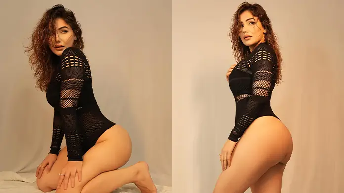 Hot Kangna Sharma Showing Her Big Ass and Sexy Leg in Striking Black Netted Monokini (1)