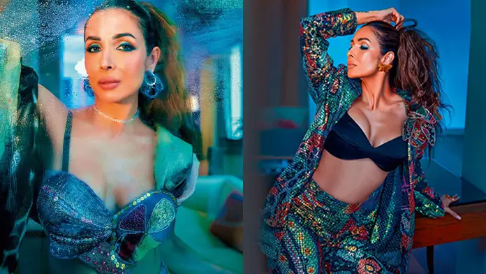 Hot Malaika Arora Shows Off Big Boobs and Deep Cleavage in Bold Blue Bralette Paired With Vibrant Multi colored Pants (1)