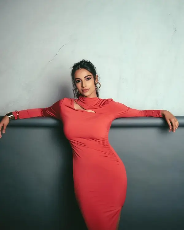 Hot Meenakshi Chaudhary Displays Her Big Boobs and Sexy Body in Gorgeous Red Dress (5)