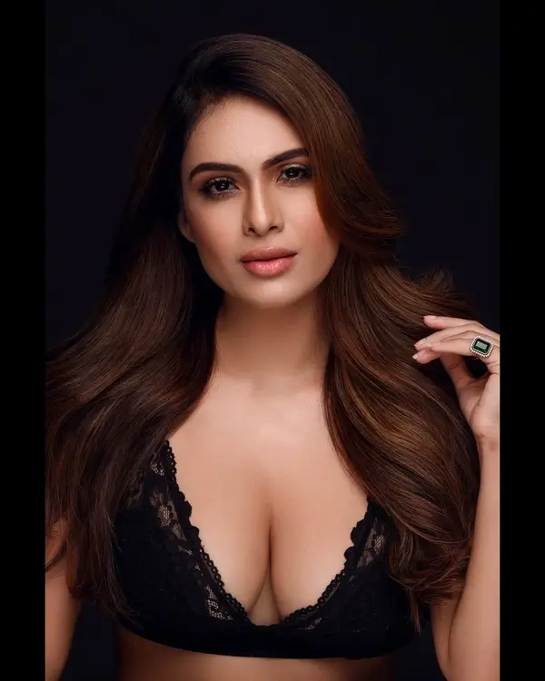 Hot Neha Malik Flaunts Her Big Boobs and Deep Cleavage in Black Lace Dress (7)