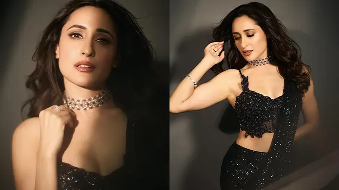 Hot Pragya Jaiswal Showcased Her Big Boobs and Curvy Figure in Black Sequined Saree (1)