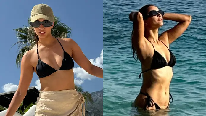 Hot Tripti Dimri Displays Her Big Boobs and Sexy Figure in a Black Bikini Paired With White Wrap Skirt (1)