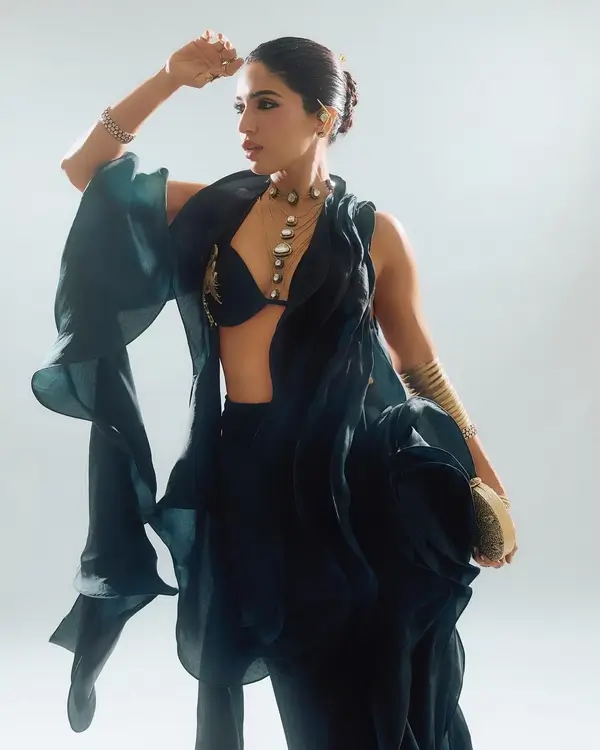 Hot Bhumi Pednekar Shows Off Big Boobs and Deep Cleavage in All black Ruffled Saree (4)