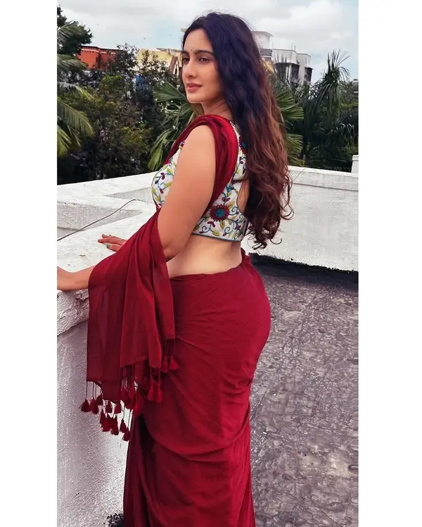 Hot Megha Shukla Displays Her Big Boobs and Sexy Body in Embroidered Crop Top Paired With a Fiery Red Saree (3)