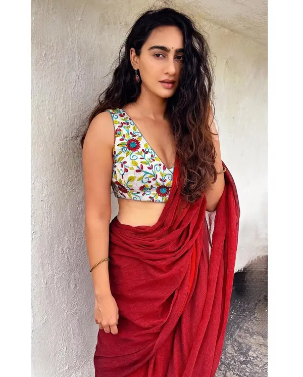 Hot Megha Shukla Displays Her Big Boobs and Sexy Body in Embroidered Crop Top Paired With a Fiery Red Saree (4)