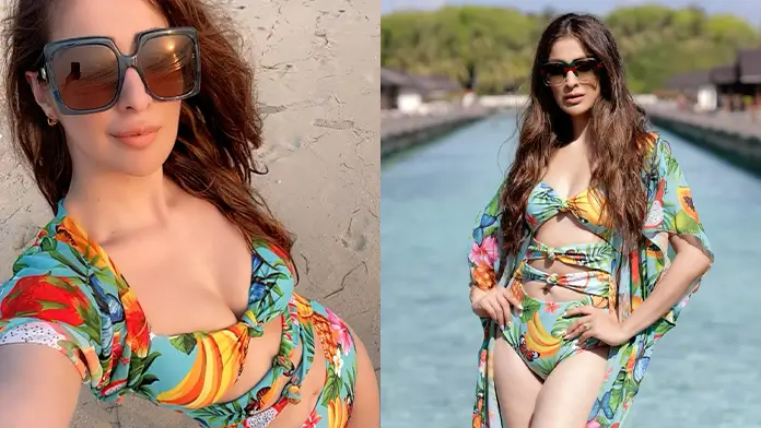 Hot Raai Laxmi Displays Her Big Boobs and Sexy Body in Green Floral Monokini (1)