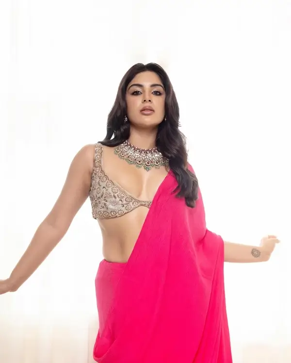 Hot Samyuktha Menon Flaunts Her Big Boobs in a Dark Pink Saree With a Cream Blouse (2)